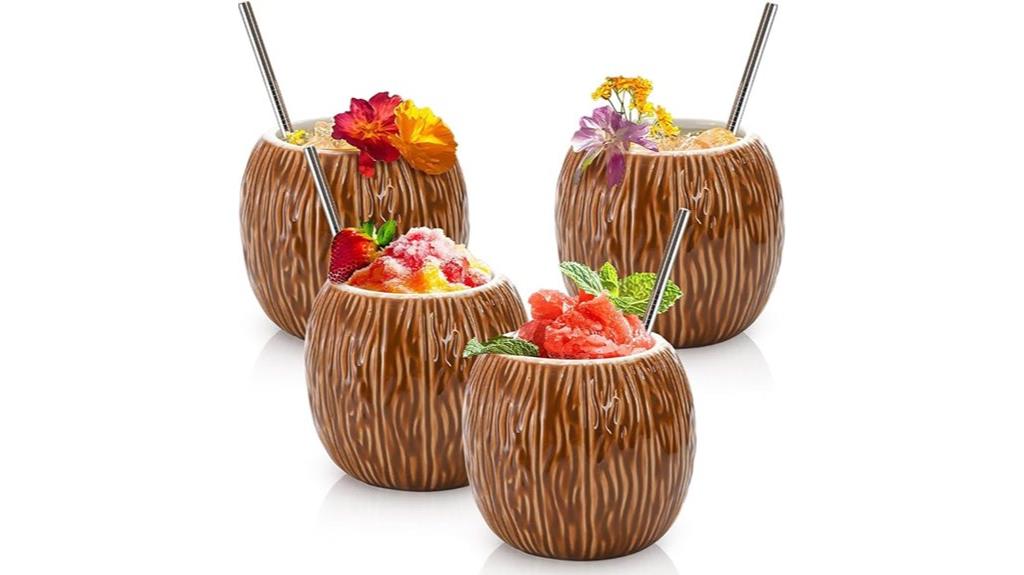 four ceramic tiki mugs