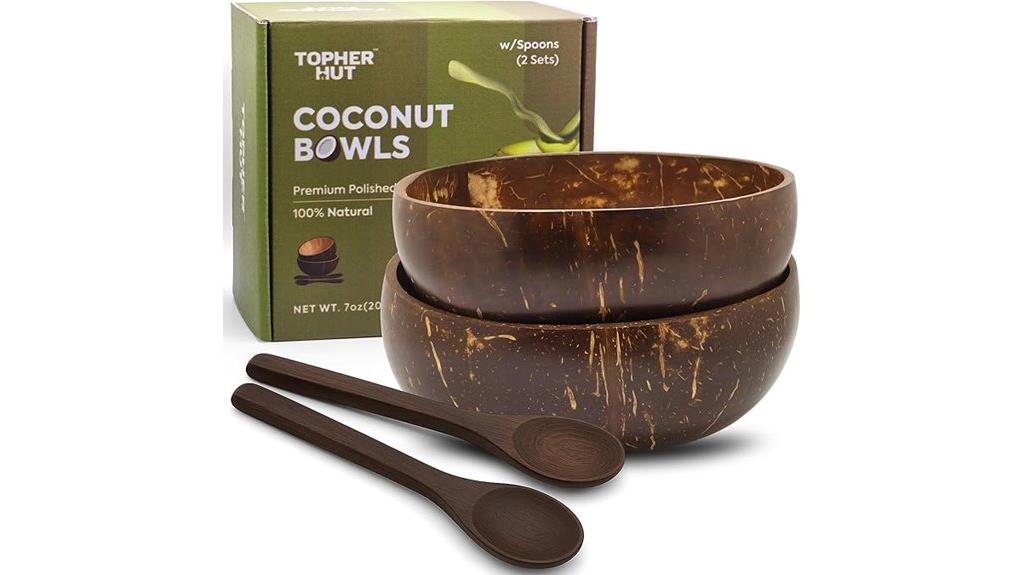 polished coconut bowls wooden spoons