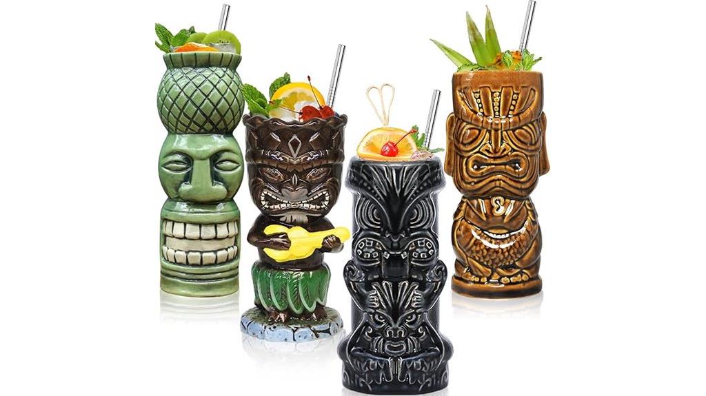 set of 4 ceramic tiki glasses