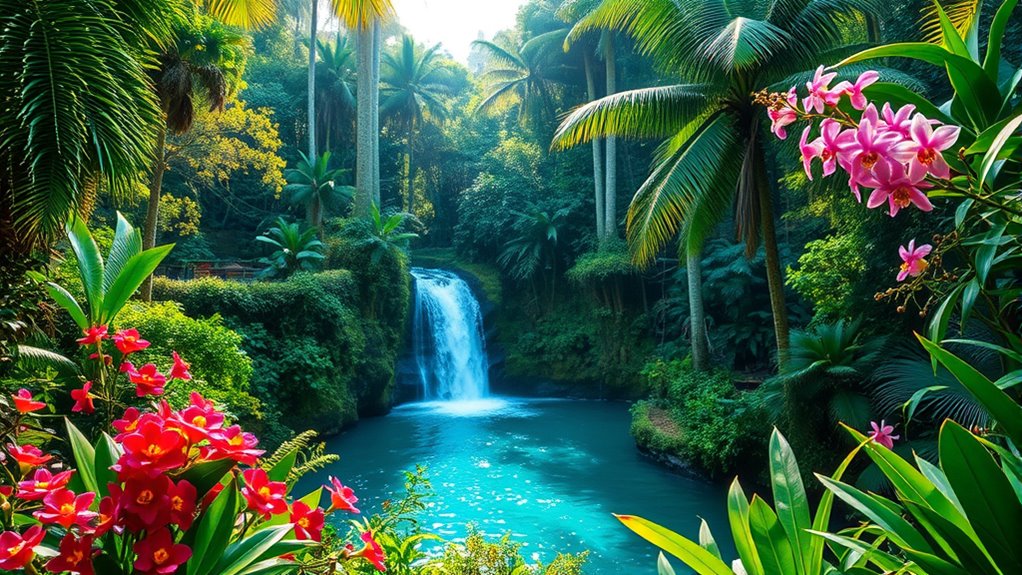 colorful waterfalls and gardens
