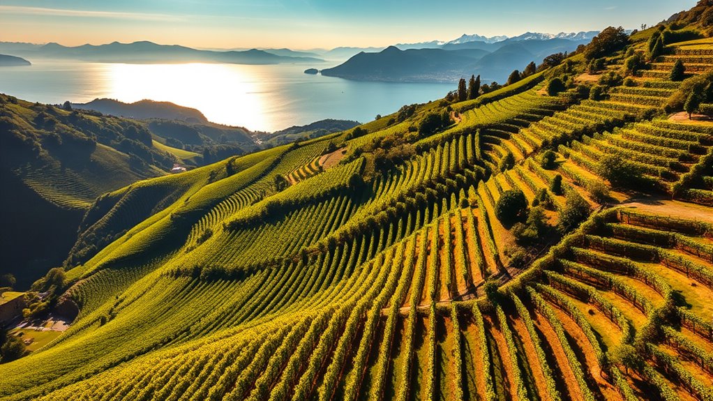 terraced vineyards overlooking lake