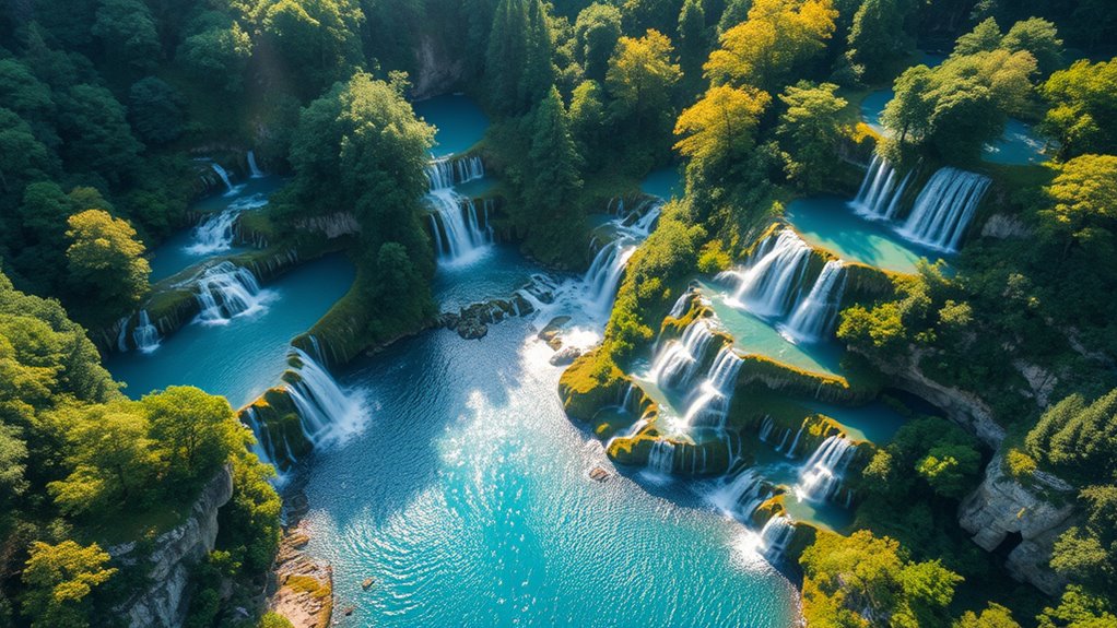 turquoise lakes and waterfalls