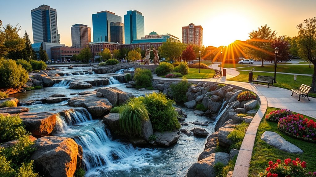 waterfalls sculptures green spaces